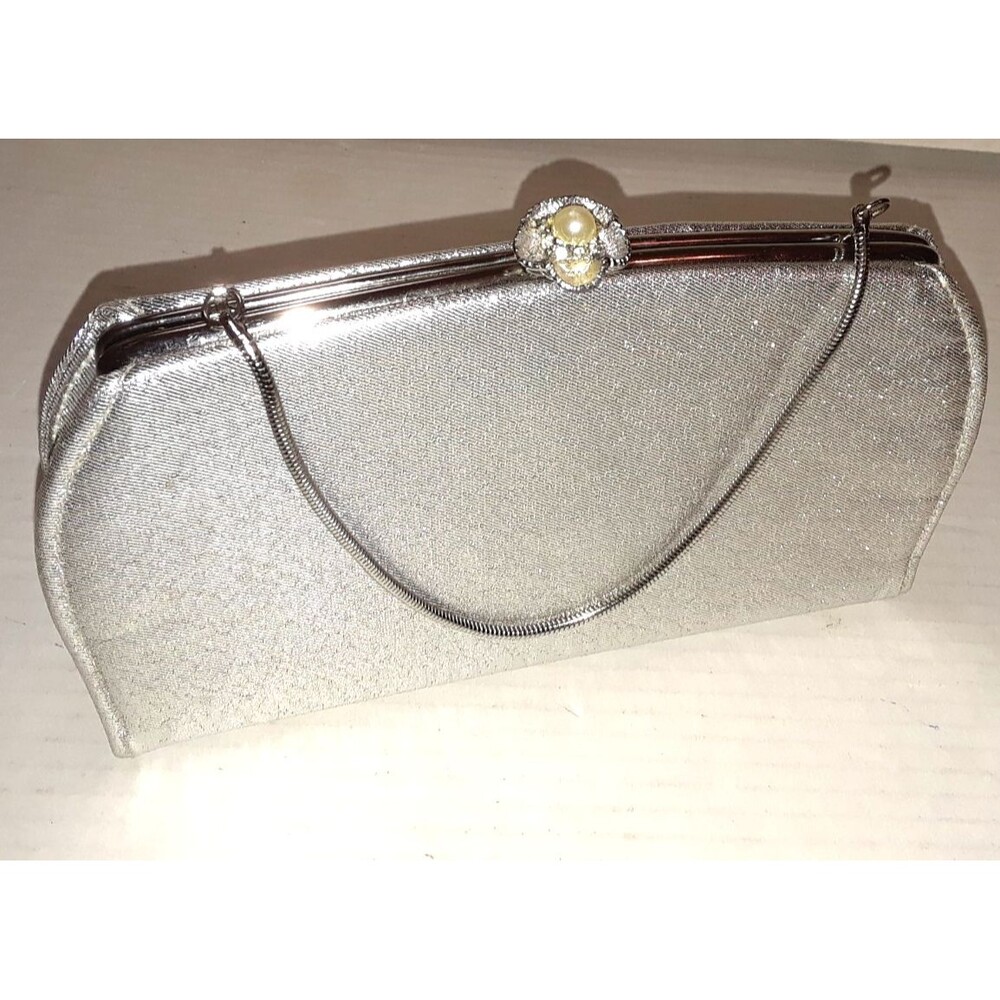 Silver Hand Clutch with Chain Handle Pearl Accent Closure Evening Wedding
